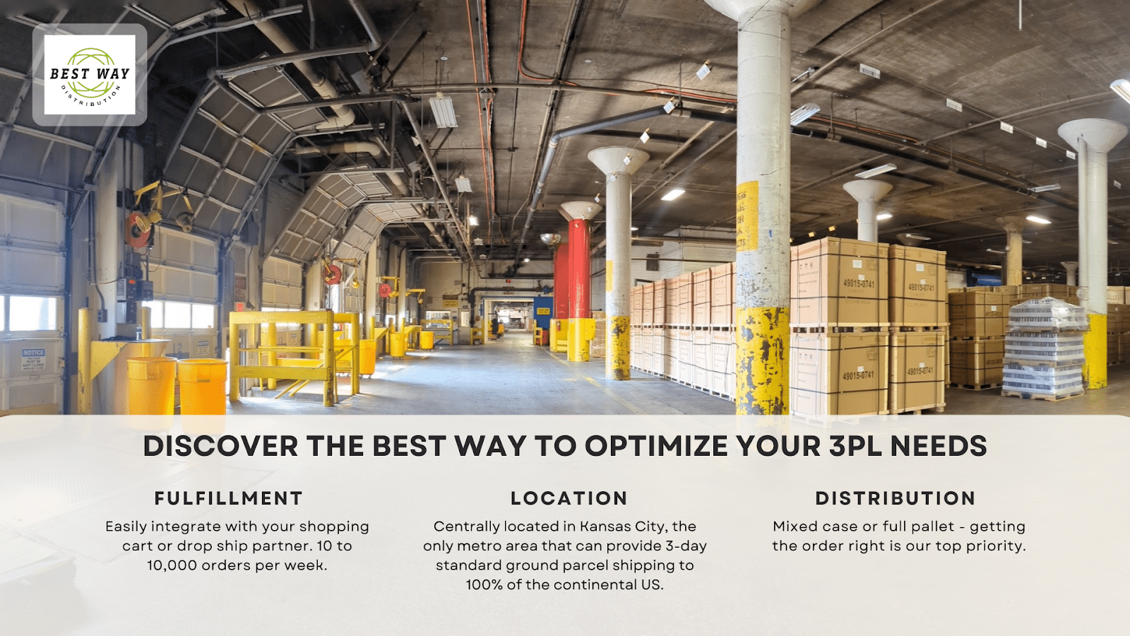 Warehouse interior with promotional overlay for services